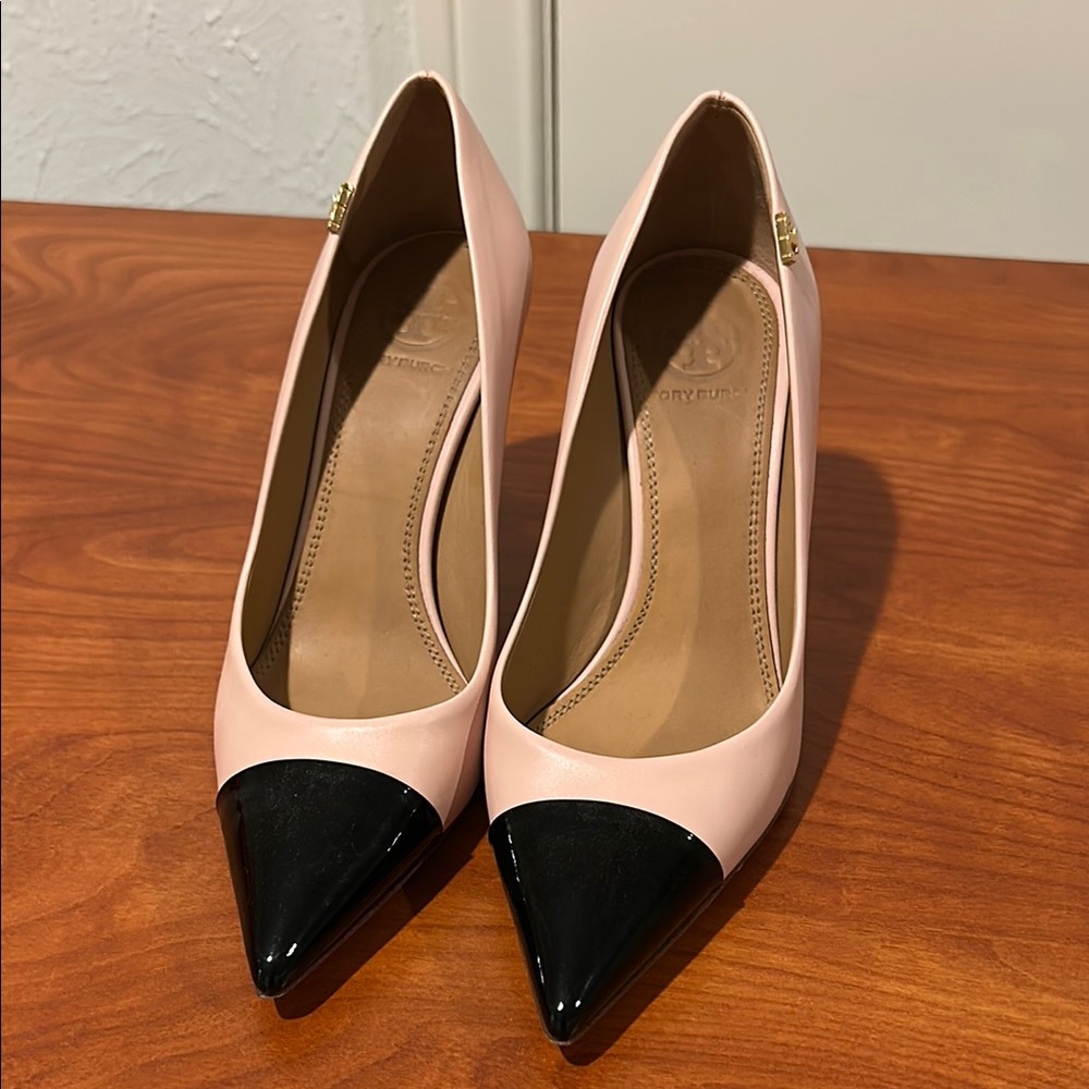 Tory Burch Pink and Black Cap-Toe Heels